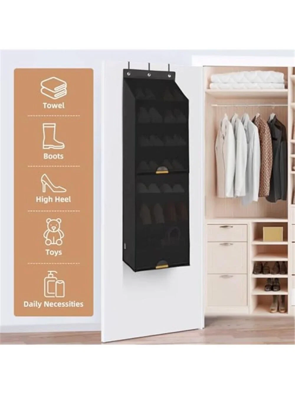 Over Door Shoe Organizer Dustproof Curtain 8 Pocket Heavy Duty Black Hanging